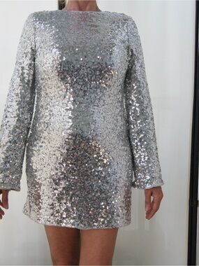 H&M Silver Sequin Long-Sleeve Mini Dress
